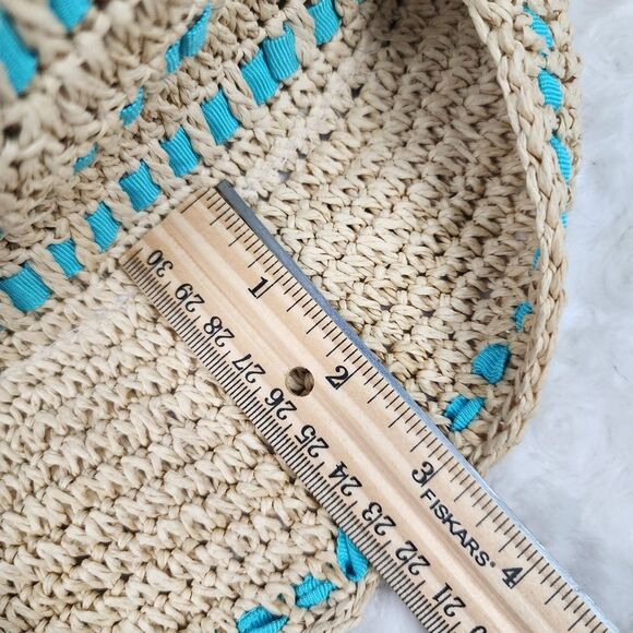 Liz Clairborne Knitted Straw Sun Hat Natural Teal - Picture 6 of 9